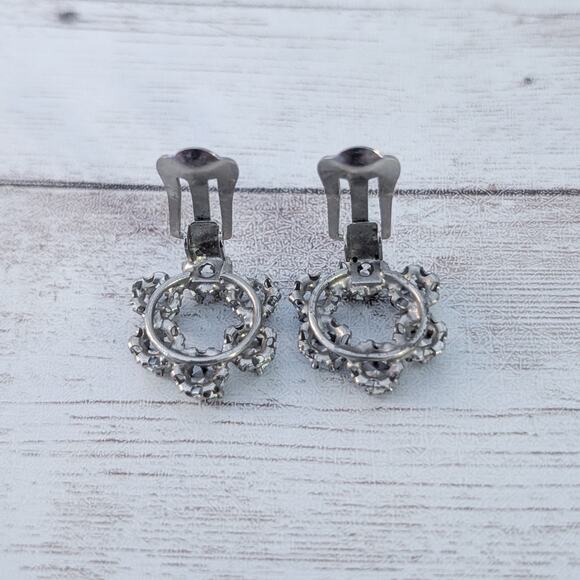 Vintage Clip On Earrings Dark Metal and Iridescent Gems - Picture 5 of 5